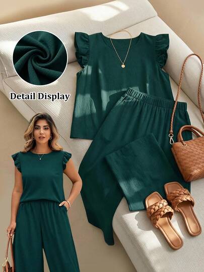 SHEIN Clasi Set da due pezzi da donna per primavera/estate: blusa con maniche a palloncino a volant color cachi + pantaloni con vita elastica a zampa d'elefante, outfit elegante per tutti i giorni in taglie comode