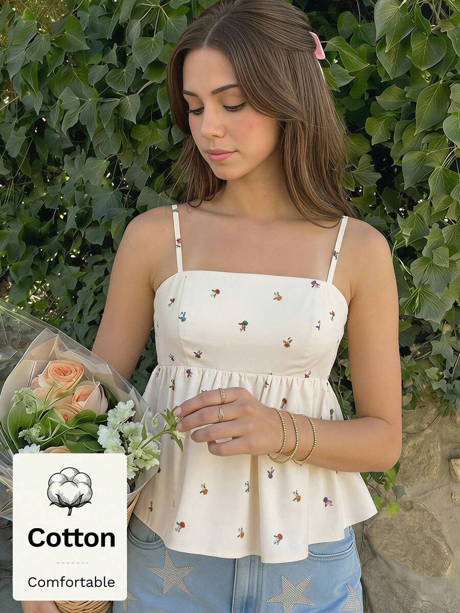 SHEIN MOD 女款棉質不對稱單肩扭轉前襟復古碎花短版上衣,米色夏季波希米亞度假風 - 彩色 - 查看 1
