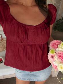 SHEIN EZwear 女款素色百褶休閒百搭日常穿著襯衫 - 紅色 - 查看 9