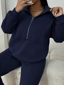 Maweii Women's Plus Size Zipper Half Placket Sweatshirt And Sweatpants Set Fall - Navy Blue - View 5