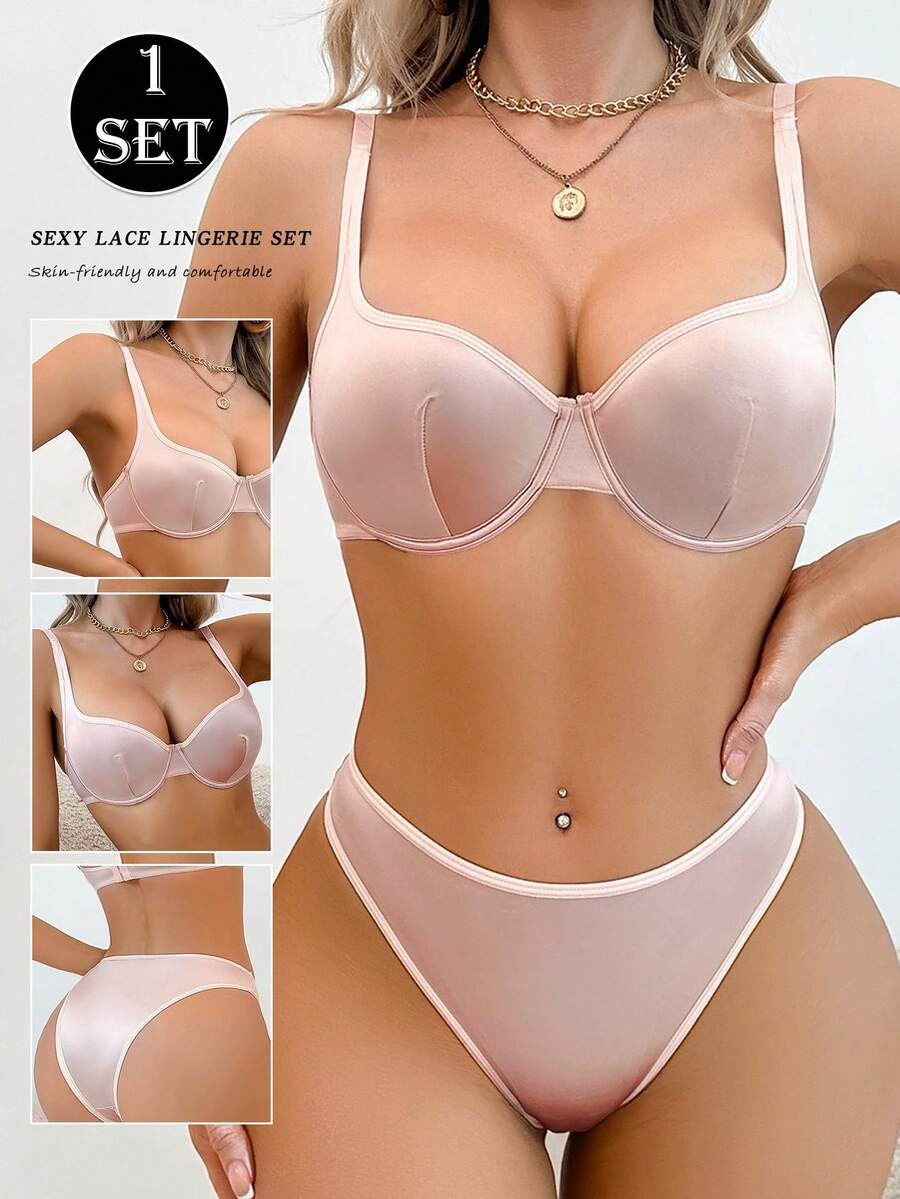 SHEIN Bộ 2 áo ngực có gọng màu trơn thời trang thoải mái - Màu Hồng San hô - Xem 1