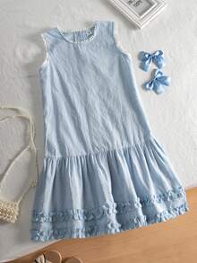 SHEIN Tween Girl Sleeveless Fall Outfits Fall Dress Dresses For Girls Girls Clothes 8 To 12 Years - Blue - View 4