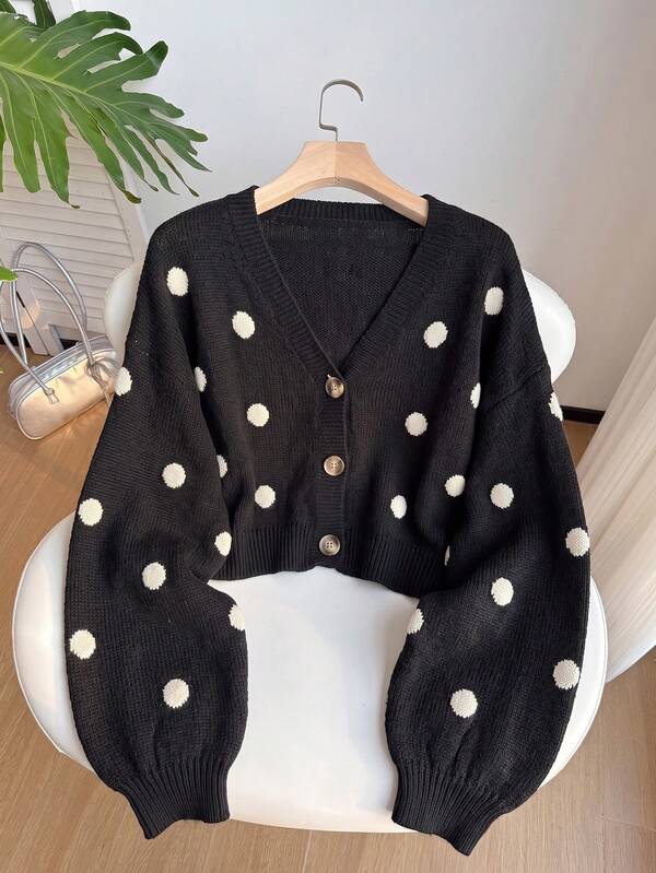 Solflare Plus Size Women's Autumn/Winter Polka Dot Long Sleeve Cardigan