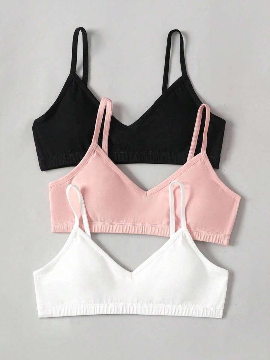SHEIN 3pcs Tween Girls' Minimalist Comfortable Solid Color V-Neck Padded Camisole Bras Set - Multicolor - View 1