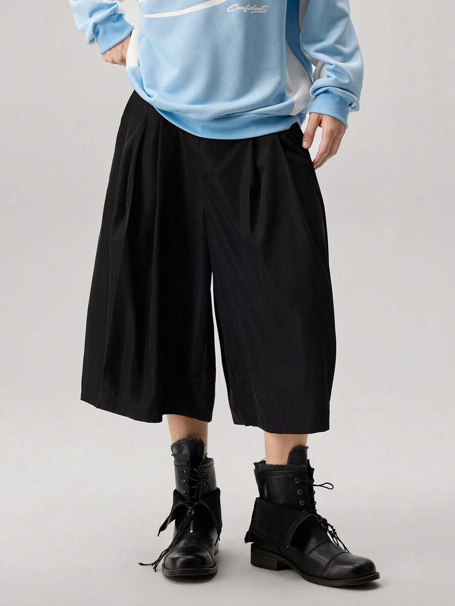 Vaulklash Men's Summer Casual Solid Color Wide Leg Shorts Black Baggy Shorts Oversized Shorts - Black - View 1