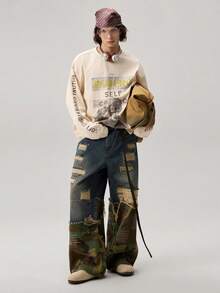 Jeans de mezclilla holgados con estampado de camuflaje y desgastados para hombre - Azul - Ver 2