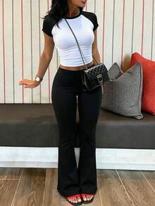 INAWLY Solva 2pcs Women Summer Set: Raglan Sleeve Top And Flare Pants - Black - View 2
