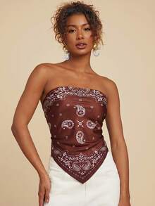 Travachic Women's Woven Paisley Print Tie Back Open Back Bandeau Top - Brown - View 5