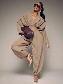 Hauture Women's Sexy Casual Solid Color Pleated Wide Leg Bubble Hem Pants, Office Wear, Business Casual, Going Out, Desk To Dinner, Happy Hour - Khaki - View 1