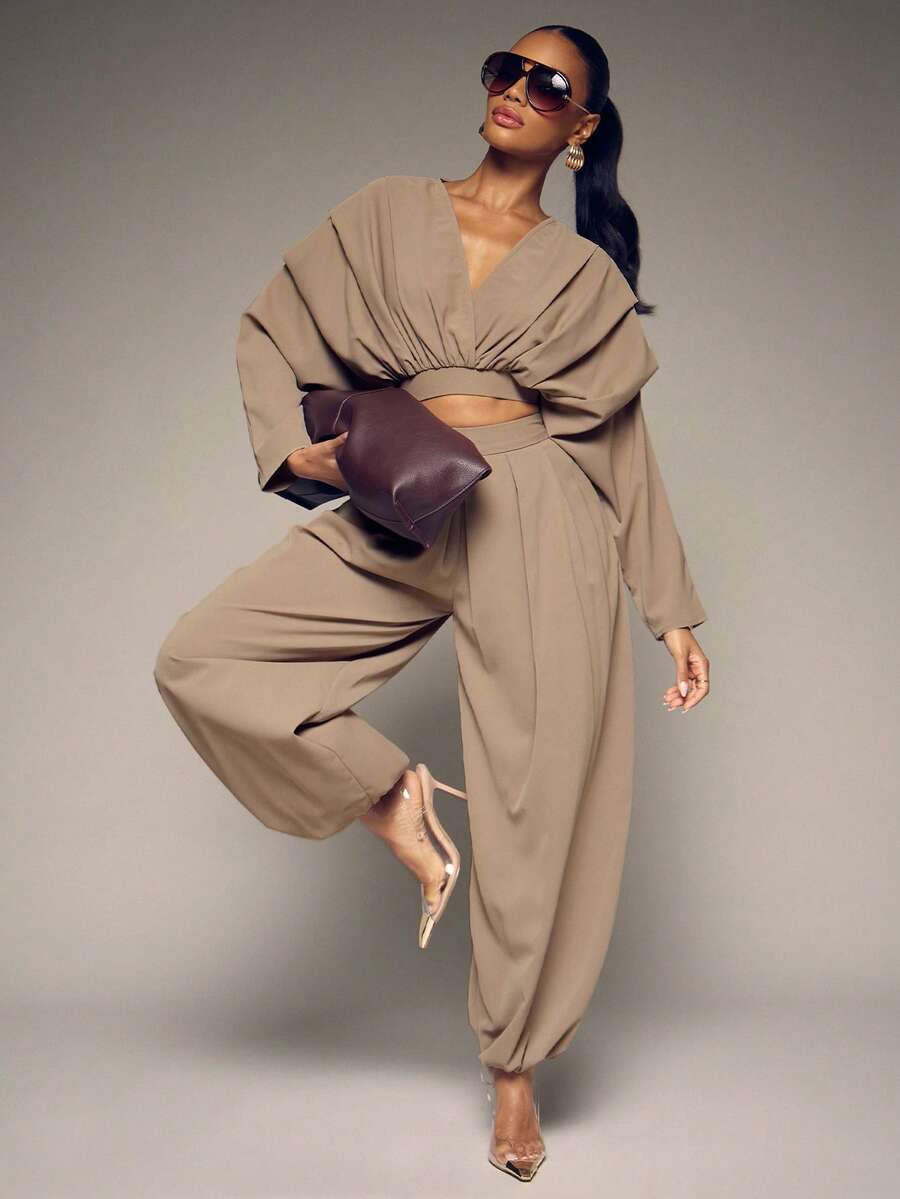 Hauture Women's Sexy Casual Solid Color Pleated Wide Leg Bubble Hem Pants, Office Wear, Business Casual, Going Out, Desk To Dinner, Happy Hour - Khaki - View 1