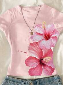 SHEIN Sparklyn 少女碎花圆领短袖休闲T恤，夏季上衣 - 粉色 - 查看 3