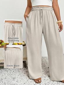SHEIN PETITE CURVE 大尺碼女款休閒寬鬆長褲 米色休閒上班穿搭 夏季度假海灘時尚長褲 優雅節慶款 - 杏色 - 查看 1