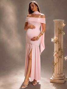 Cheriluna Maternity Women's Elegant Off-Shoulder Pleated Maternity Maxi Dress - Pink - View 10
