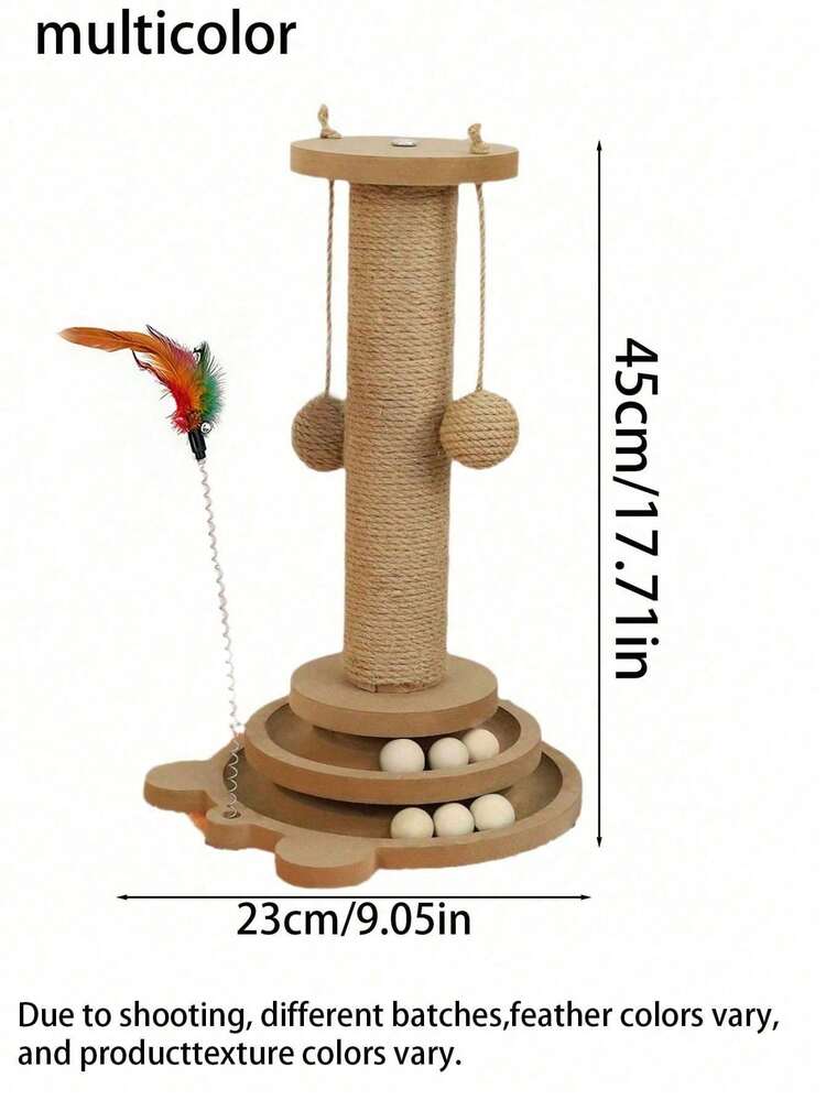 1PC/Multi-Functional Cat Scratching Post With Sisal Rope, 3-Level Ball Track, Feather Teaser & Hanging Balls, Durable Wooden Cat Tree For Kitten Play & Claw Care. - 46cm Longer - View 8