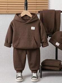 Young Boy Textured Hoodie And Pants Set Casual Kangaroo Pocket Brown Fall Outfits - Coffee Brown - View 6