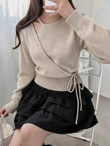 FRIFUL Women's Korean Autumn Outfit Solid Color Tie-Up Bow Knot Sweater - Apricot - View 1