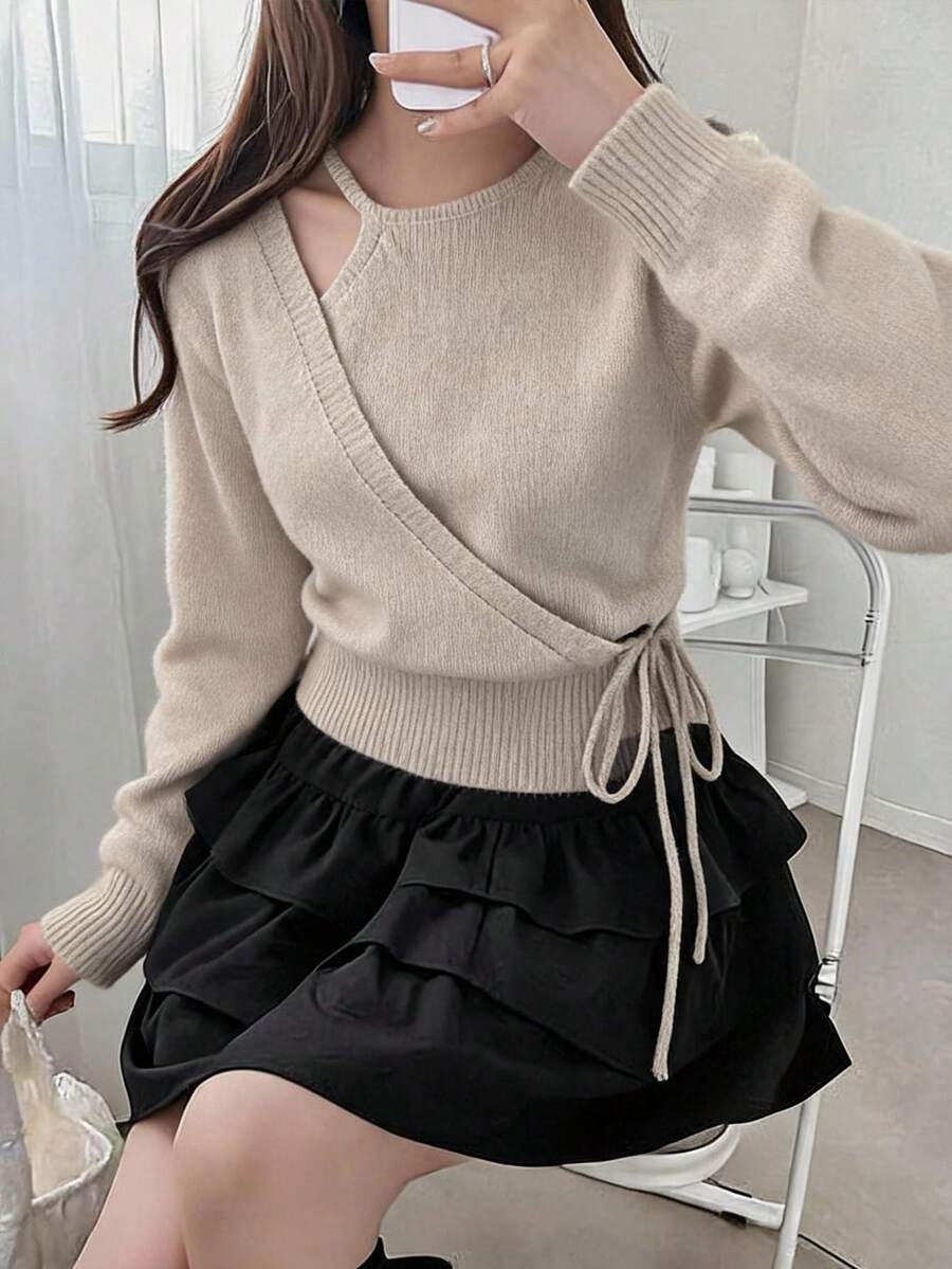 FRIFUL Women's Korean Autumn Outfit Solid Color Tie-Up Bow Knot Sweater - Apricot - View 1