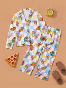 GARFIELD | SHEIN Set Piyama Musim Gugur/Dingin untuk Anak Perempuan Remaja Motif Kartun Beruang Kotak-kotak Warna-warni Atasan Lengan Panjang Berkerah dan Celana Panjang Lebar - MultiWarna - View 1