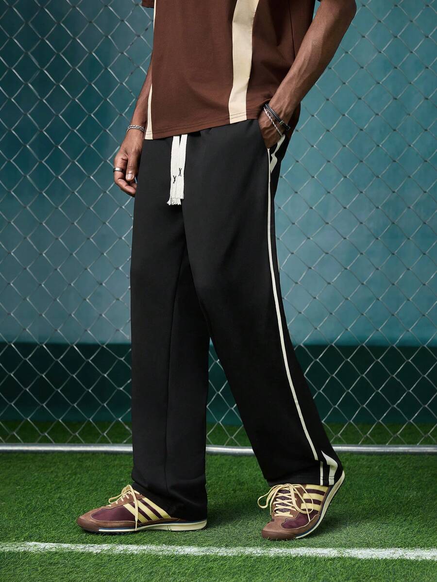 EVRINFINITE Men's Loose Fit Straight Leg Casual Pants With Side Stripe And Drawstring Waist, Fall - Black - View 1