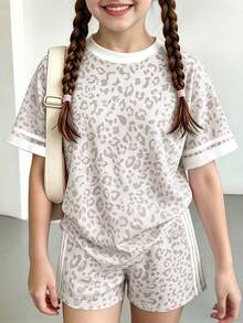 SHEIN Summer Autumn Girls Casual Fashion Creative Leopard Print Daily Style Comfortable Short Sleeve T-Shirt Set, Suitable For Girls To Wear Comfortable Summer Autumn Style, Simple Daily Style Outfit - Multicolor - View 3