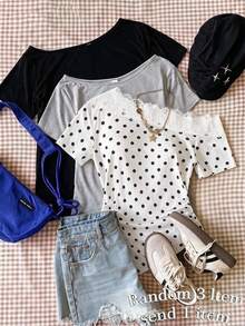 SHEIN Teen Girls Teenage White Black Polka Dot Lace Short Sleeve Personalized Elegant Charm, Summer, Knit, Back To School, Vacation,3 Pack - White - View 1