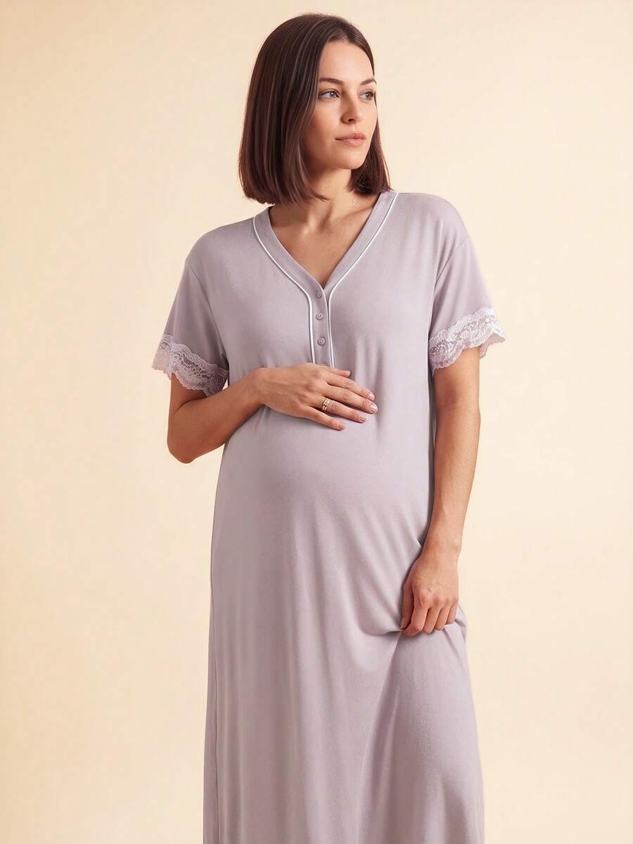 SHEIN 撞色荷叶边V领纽扣短袖宽松孕妇长睡裙 - 藕粉色 - 查看 1