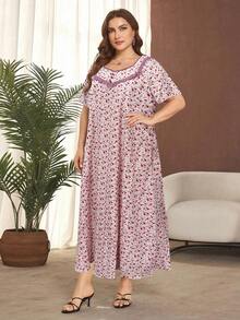 Lacomfia Plus Size Ditsy Floral Short Sleeve Ruffle Hem Casual Maxi Dress - Pink - View 5