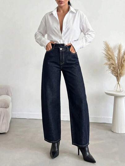 SHEIN 100 Cotton Low Waist Raw Wash Side Sewing Detailed Asymmetric Belt Baggy Jean Night Work Navy Blue Autumn Casual