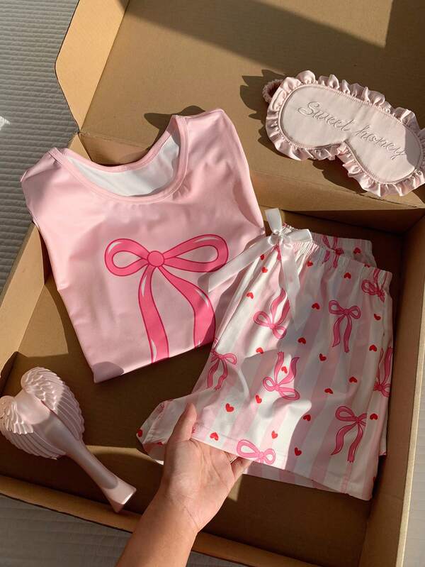 Comfortcana Sweet Bow Striped Contrast Color Women Pajama Set