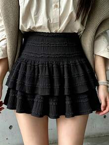 Evasive Skirt With Ruffles In Layers For Women, Textured Fabric With Lace, High Elastic Waist With Stylizer Cut New Collection 2026 - Black - View 4