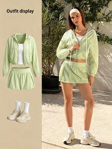 Fluxe Women Mint Green UV Protection Zip Up Hooded Cropped Jacket Long Sleeve Lightweight Sun Protection Gym Running Hiking Athletic Sportswear - Mint Green - View 4