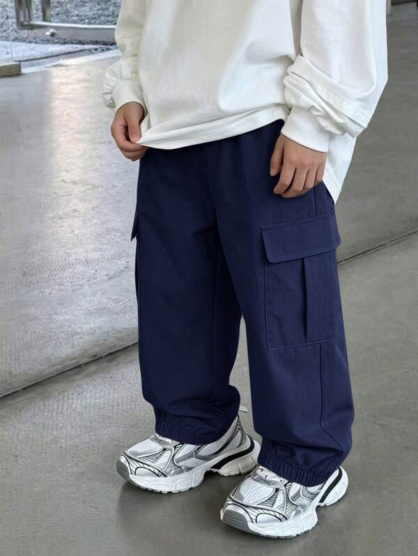 SHEIN Little Byeori Kids Young Boy Large Pocket 3D Loose Pants, Suitable For Commuting, School, Daily Casual, Vacation, Travel, Sports, Spring, Summer, Autumn, Winter