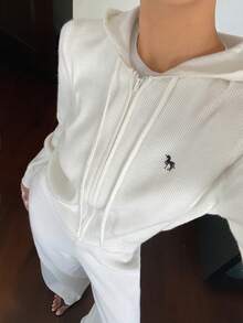 DAZY Women's 2pcs Set Colorblock Embroidered Hooded Cardigan Sweater & Straight Leg Pants Casual Vacation Elegant Spring Autumn Outfit - White - View 6