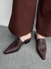 CUCCOO BIZCHIC Pointed Embossed Mules Shoes, Retro Western Style Thick Heel Mules Shoes Fall Shoes - Coffee Brown - View 6