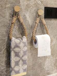 2pcs Handmade Jute Rope Toilet Paper Holder, Vintage Style Hook, Wall-Mounted Towel Ring, Toilet Paper Holder With Hook, Towel Rack, Natural Jute Rope, Bathroom Accessories - khaki - View 9