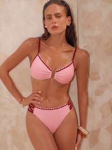 SHEIN Swim Women's Summer Beach Party Solid Color Knit Jacquard Shell Flower Scalloped Edge Spaghetti Strap Bikini Set Casual Sexy Vacation Pink Striped - Pink - View 4