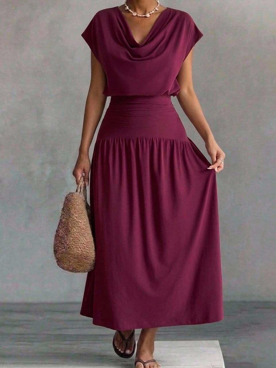 Women's Summer Fashion 2 Pieces Set, Asymmetrical Ruffled Collar Slimming T-Shirt And Skirt