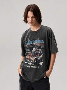 Vaulklash Men Summer Casual Short Sleeve T-Shirt With Letter & Car Graphic Print, For Friends - Dark Grey - View 7