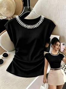 Franclia 優雅修身圓領珠飾抓皺腰部白色休閒羅紋短袖女款T恤 - 黑色 - 查看 1