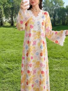 Yasmyna V領刺繡貼花粉色寬鬆休閒長袖喇叭袖優雅長袍 - 彩色 - 查看 3
