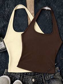 Tween Girl Tween Girl Solid Color Fitted Casual Modest Halter Tank Top Pcs Outing Office Butter Yellow Brown Summer - Multicolor - View 3