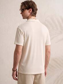 TONEVAULT Men's Casual Cute Solid Color Short Sleeve Polo Shirt For Daily Wear Vacation Beige Summer - Apricot - View 4