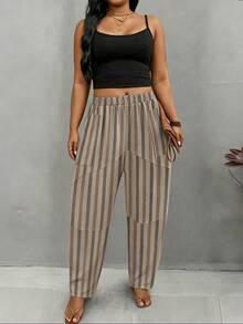 EMERY ROSE Pantalones de pierna cónica con líneas decorativas a rayas y abertura para talla grande, otoño - Albaricoque - Ver 5