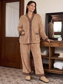 Doze Lane Casual Colorblock Plush Open Front V-Neck Patch Pocket Long Sleeve Pants Plus Size Pajama Set - Multicolor - View 1