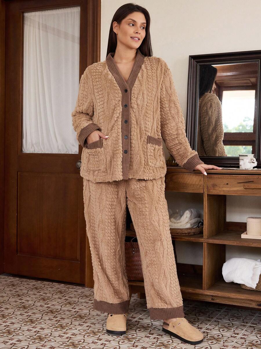 Doze Lane Casual Colorblock Plush Open Front V-Neck Patch Pocket Long Sleeve Pants Plus Size Pajama Set - Multicolor - View 1
