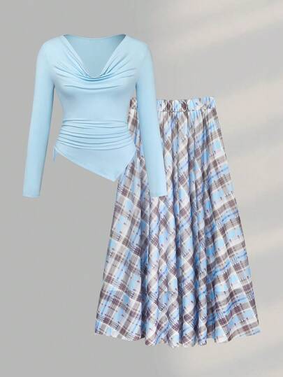 Sweetra Women's Plus Size Long Sleeve T-Shirt With Waist Cinched Top And Printed Skirt, Elegant Casual Outfit Set For Date And Vacation