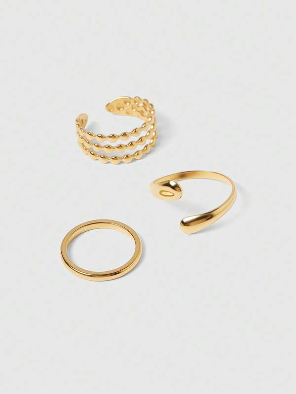 SHEIN BAE 3pcs/Set Gold-Tone Stainless Steel Adjustable Water Drop Ring