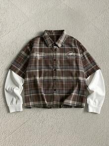 AXEPEAK Men's Spring/Autumn Casual Plaid Patchwork 2 In 1 Shirt - Multicolor - View 1