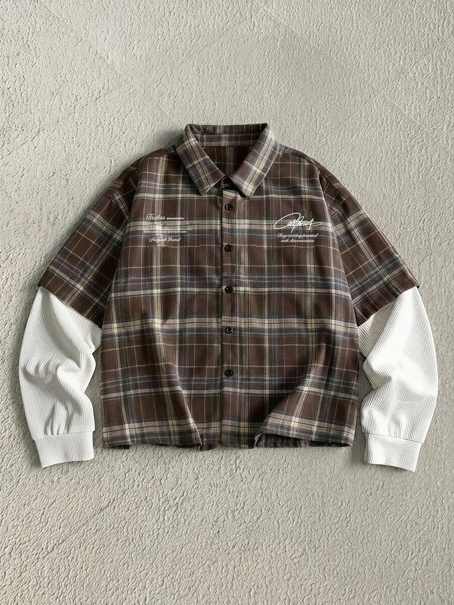 AXEPEAK Men's Spring/Autumn Casual Plaid Patchwork 2 In 1 Shirt - Multicolor - View 1