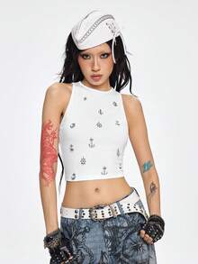 ROMWE Grunge Punk Y2K Punk Metal Cross Decor Fitted Cropped Women Tank Top - White - View 2